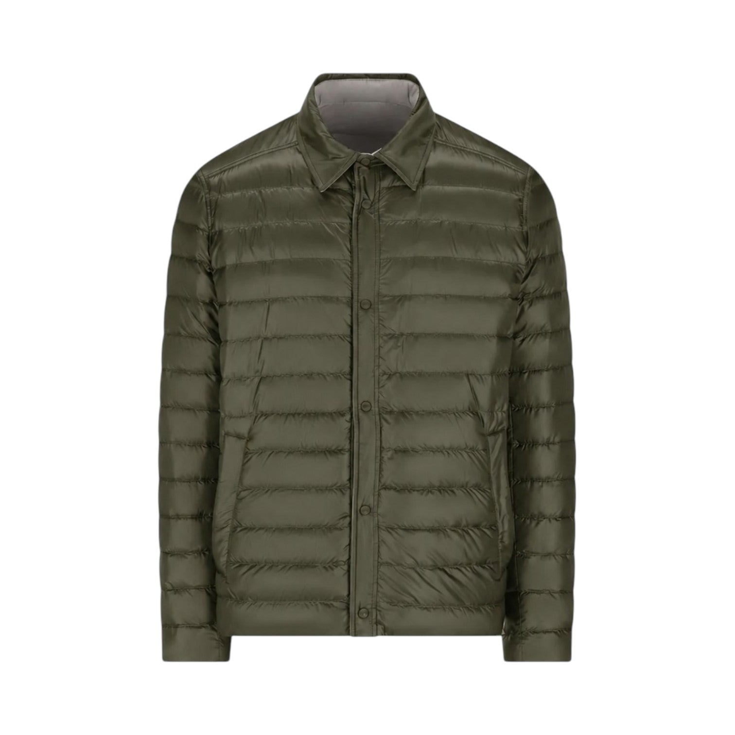 The Herno Quilted Reversible Bomber features an olive green quilted design with a collared neck, snap button closure, and long sleeves, making it perfect for lightweight layering; shown here on a plain white background.