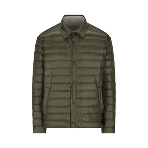 The Herno Quilted Reversible Bomber features an olive green quilted design with a collared neck, snap button closure, and long sleeves, making it perfect for lightweight layering; shown here on a plain white background.
