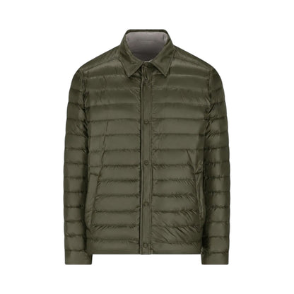 The Herno Quilted Reversible Bomber features an olive green quilted design with a collared neck, snap button closure, and long sleeves, making it perfect for lightweight layering; shown here on a plain white background.