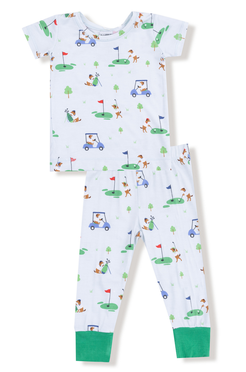 The Angel Dear Baby and Kids' Dog Gone Golf Short Sleeve Loungewear Set features a playful dog-and-golf print with green-cuffed pants—ideal for comfy potty training.