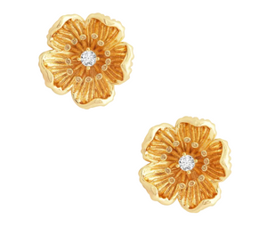 Anabel Aram's Wildflowers Stud Earrings feature textured gold petals and a central clear gemstone, capturing nature-inspired elegance and beautifully showcased on a white background.
