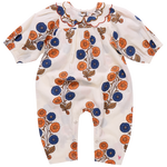 The Pink Chicken Baby Girls' Dary Jumper is a white vintage one-piece romper with long sleeves, a scalloped collar, and Buttercup Floral orange and blue patterns.