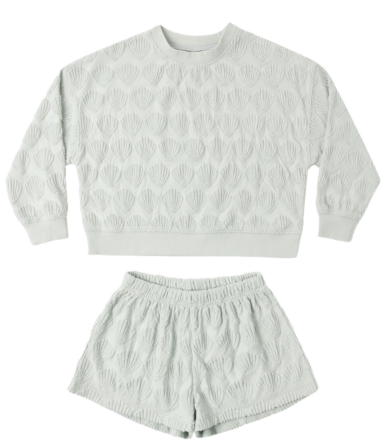 The Rylee & Cru Baby Girls' and Girls' Karli Set is a light green terry cloth outfit featuring a textured sweatshirt and matching shorts with an allover raised shell pattern.