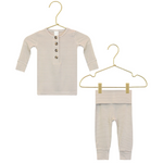 The Lou Lou & Company Baby Boys’ and Boys’ Banks Top & Bottoms set, featuring a beige and white striped long-sleeve buttoned shirt and matching pants crafted from our signature silky-soft fabric, is displayed on hangers against a white background.