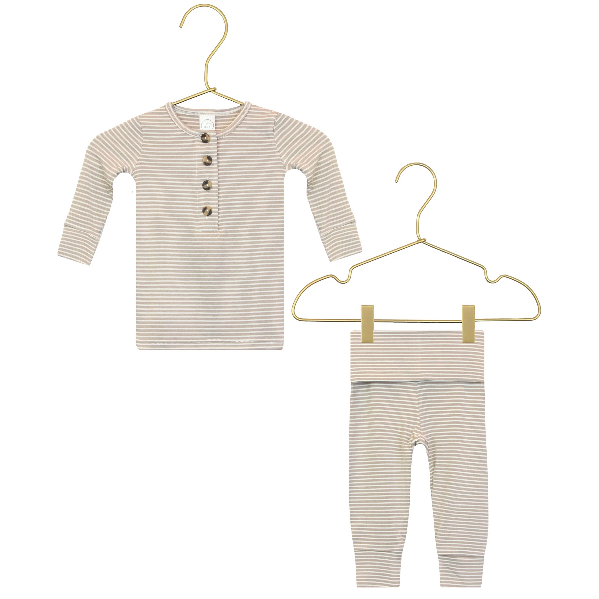 The Lou Lou & Company Baby Boys’ and Boys’ Banks Top & Bottoms set, featuring a beige and white striped long-sleeve buttoned shirt and matching pants crafted from our signature silky-soft fabric, is displayed on hangers against a white background.