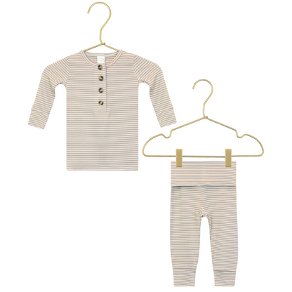 The Lou Lou & Company Baby Boys’ and Boys’ Banks Top & Bottoms set, featuring a beige and white striped long-sleeve buttoned shirt and matching pants crafted from our signature silky-soft fabric, is displayed on hangers against a white background.
