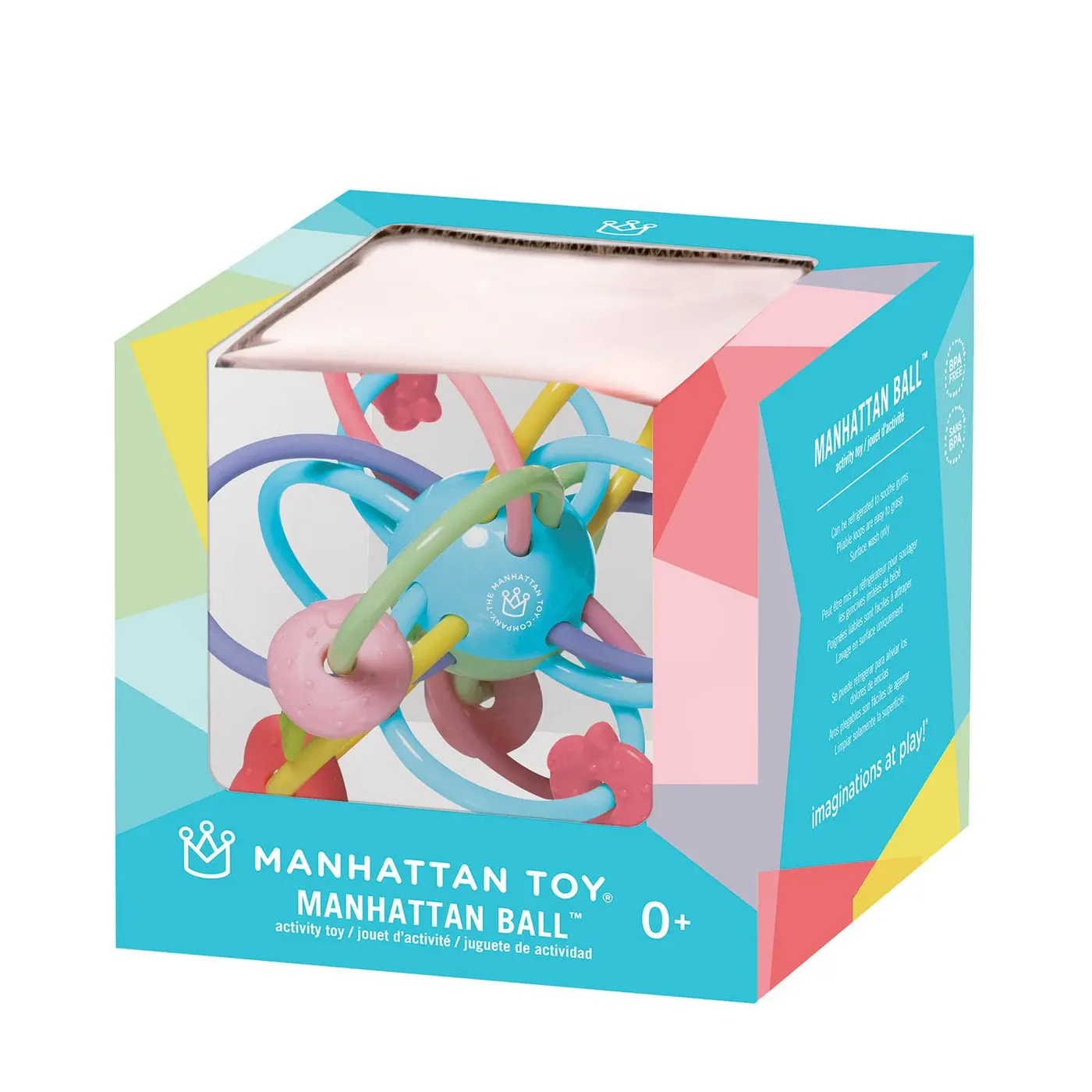 The Manhattan Toy Manhattan Ball Boxed is a multicolored infant toy with silicone shapes and a gentle rattle sound, shown in its branded packaging with product details visible.