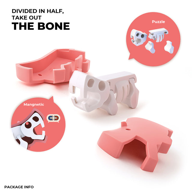 Image of a pink, bone-shaped Halftoys Safari Friends puzzle divided into two magnetic halves, each showing an interior compartment with a simplified dog skeleton illustration.