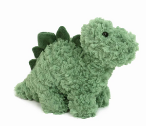 Cuddles the Baby Dino by Mon Ami is an adorable green plush toy featuring dark green fabric spikes along its back, sitting upright and facing slightly to the right on a white background—making it the perfect cuddle companion for any dinosaur lover.