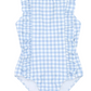 A Minnow "Baby Girls' and Girls' Ruffle Sleeve Rashguard One Piece" in blue and white gingham, featuring a high neckline with ruffled straps and sides, is laid flat on a white background.