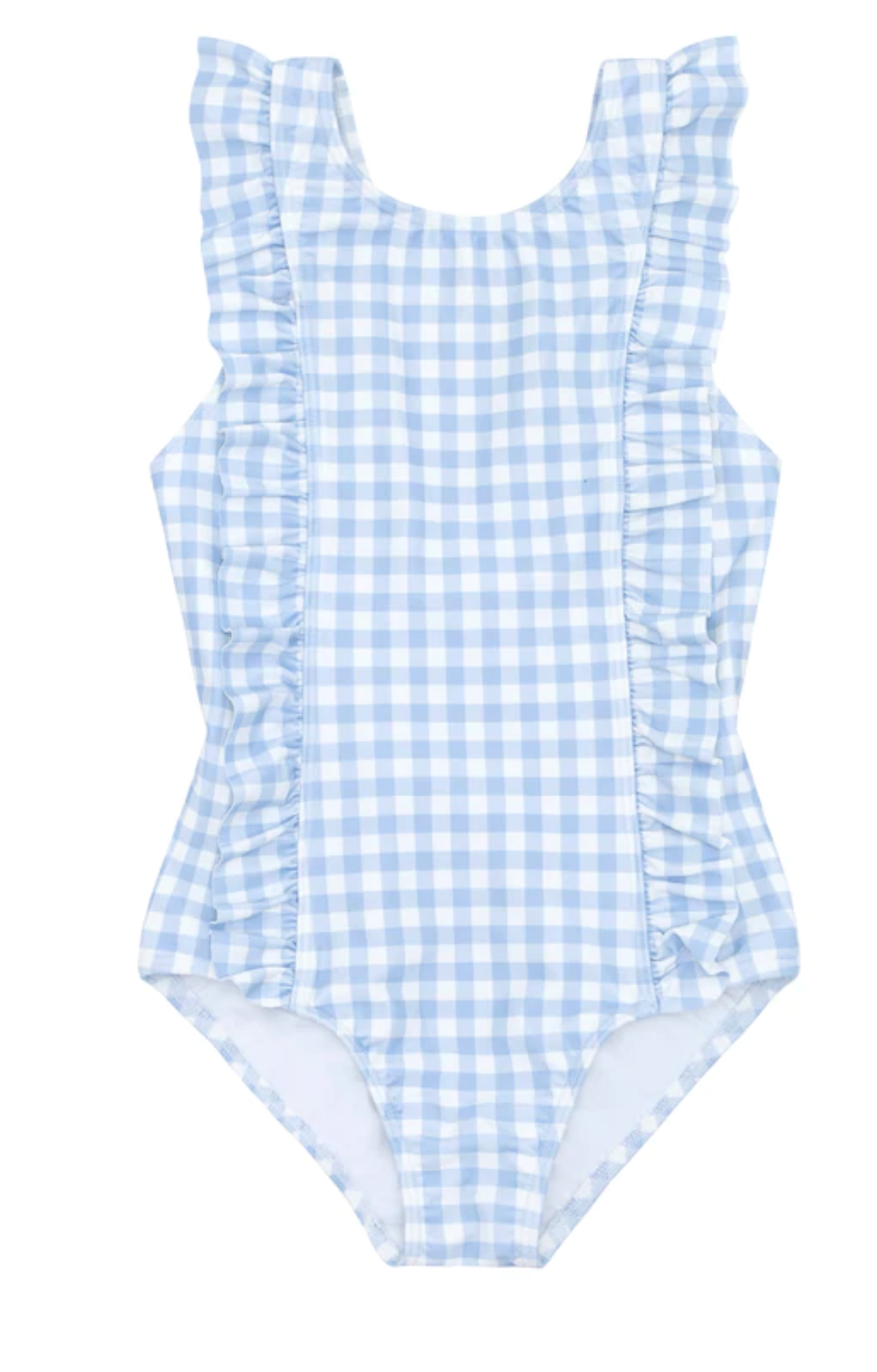A Minnow "Baby Girls' and Girls' Ruffle Sleeve Rashguard One Piece" in blue and white gingham, featuring a high neckline with ruffled straps and sides, is laid flat on a white background.