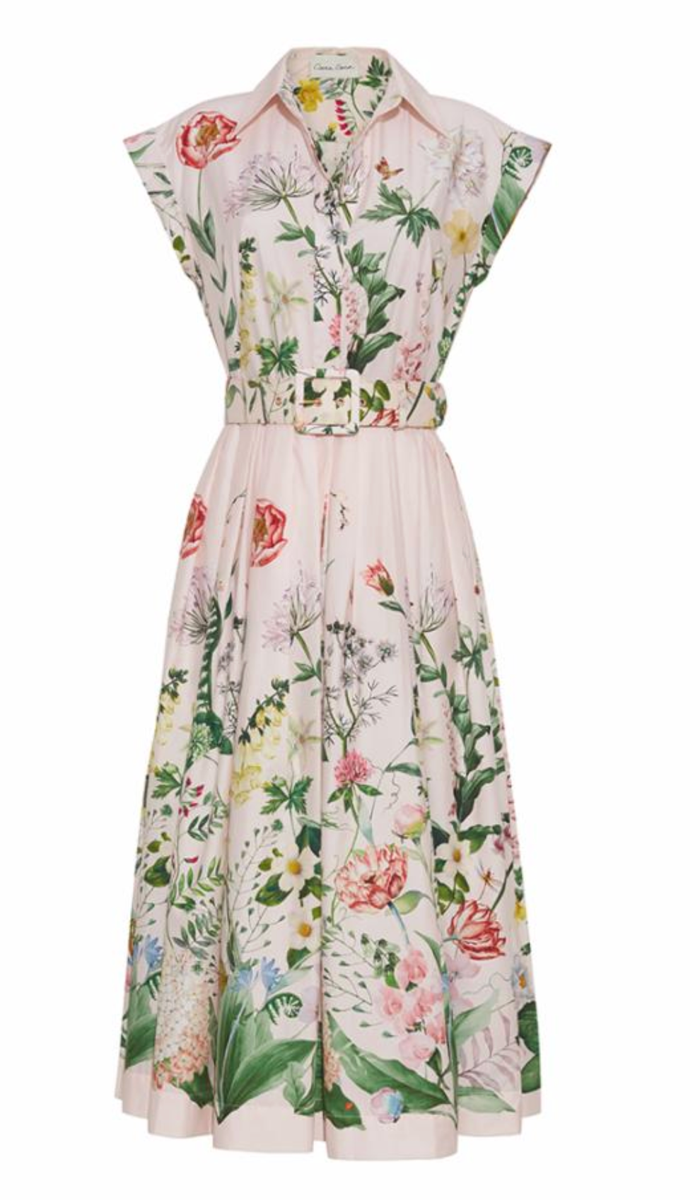 The Octavia Dress by Cara Cara is a sleeveless, collared fit-and-flare midi with a belted waist, vibrant floral print on a light background, and an elegant box pleat skirt for added movement.