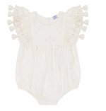 The Mer St Barth Baby Girl Anna Romper by Mer is a white romper with flutter sleeves, ruffled shoulders, and small embroidered patterns, featuring delicate pink floral accents for added charm.