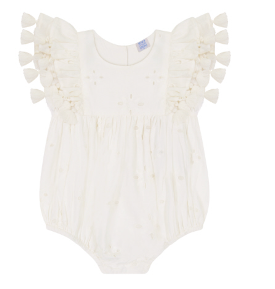 The Mer St Barth Baby Girl Anna Romper by Mer is a white romper with flutter sleeves, ruffled shoulders, and small embroidered patterns, featuring delicate pink floral accents for added charm.