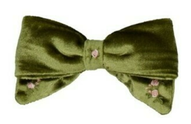 The Kidiwi Bonnie Embroidered Hair Clip features olive green velvet with a large bow and small pink floral embroidery on both ends.