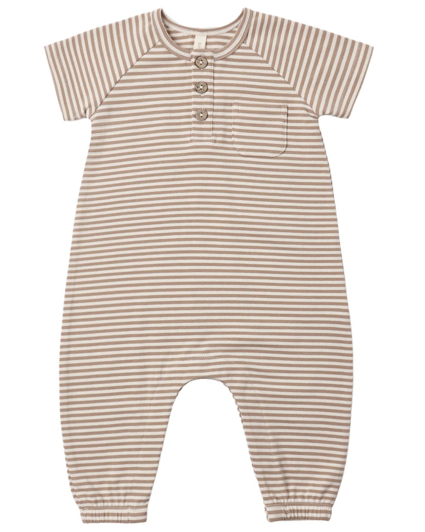 The Quincy Mae Baby Short Sleeve Jumpsuit is a beige and white striped romper featuring three coconut buttons at the neckline for easy changes, a small chest pocket, and elastic cuffs at the ankles.