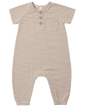 The Quincy Mae Baby Short Sleeve Jumpsuit is a beige and white striped romper featuring three coconut buttons at the neckline for easy changes, a small chest pocket, and elastic cuffs at the ankles.