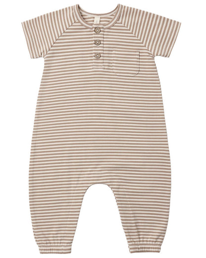 The Quincy Mae Baby Short Sleeve Jumpsuit is a beige and white striped romper featuring three coconut buttons at the neckline for easy changes, a small chest pocket, and elastic cuffs at the ankles.