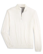 The Johnnie-O Motion Performance 1/4 Zip is a plain white long-sleeve pullover with a quarter-zip collar, ideal for office wear or layering over your favorite golf shirt, shown laid flat on a white background.