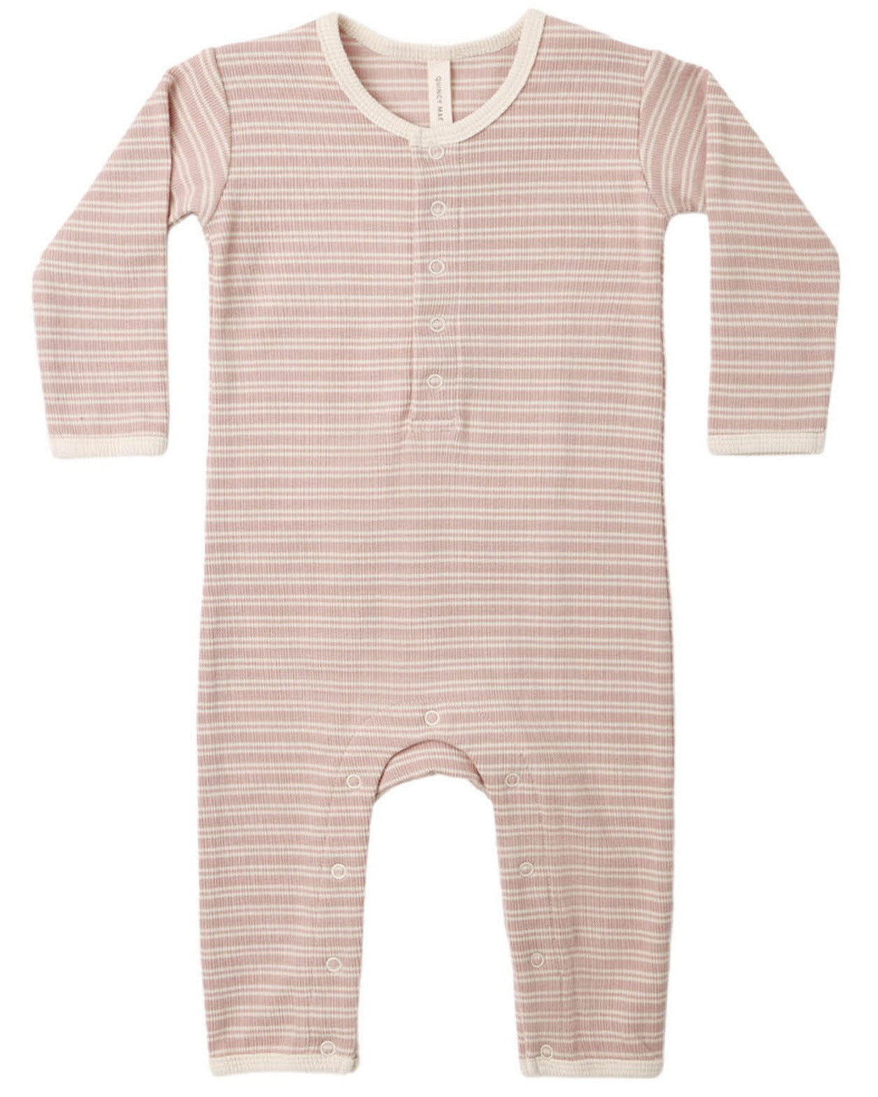 The Quincy Mae Baby Ribbed Jumpsuit features long sleeves and a slim-fit silhouette with light pink and white horizontal stripes, convenient button closures at the chest and legs for easy changes, and cream-colored trim accenting the collar, cuffs, and ankles.