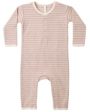 The Quincy Mae Baby Ribbed Jumpsuit features long sleeves and a slim-fit silhouette with light pink and white horizontal stripes, convenient button closures at the chest and legs for easy changes, and cream-colored trim accenting the collar, cuffs, and ankles.