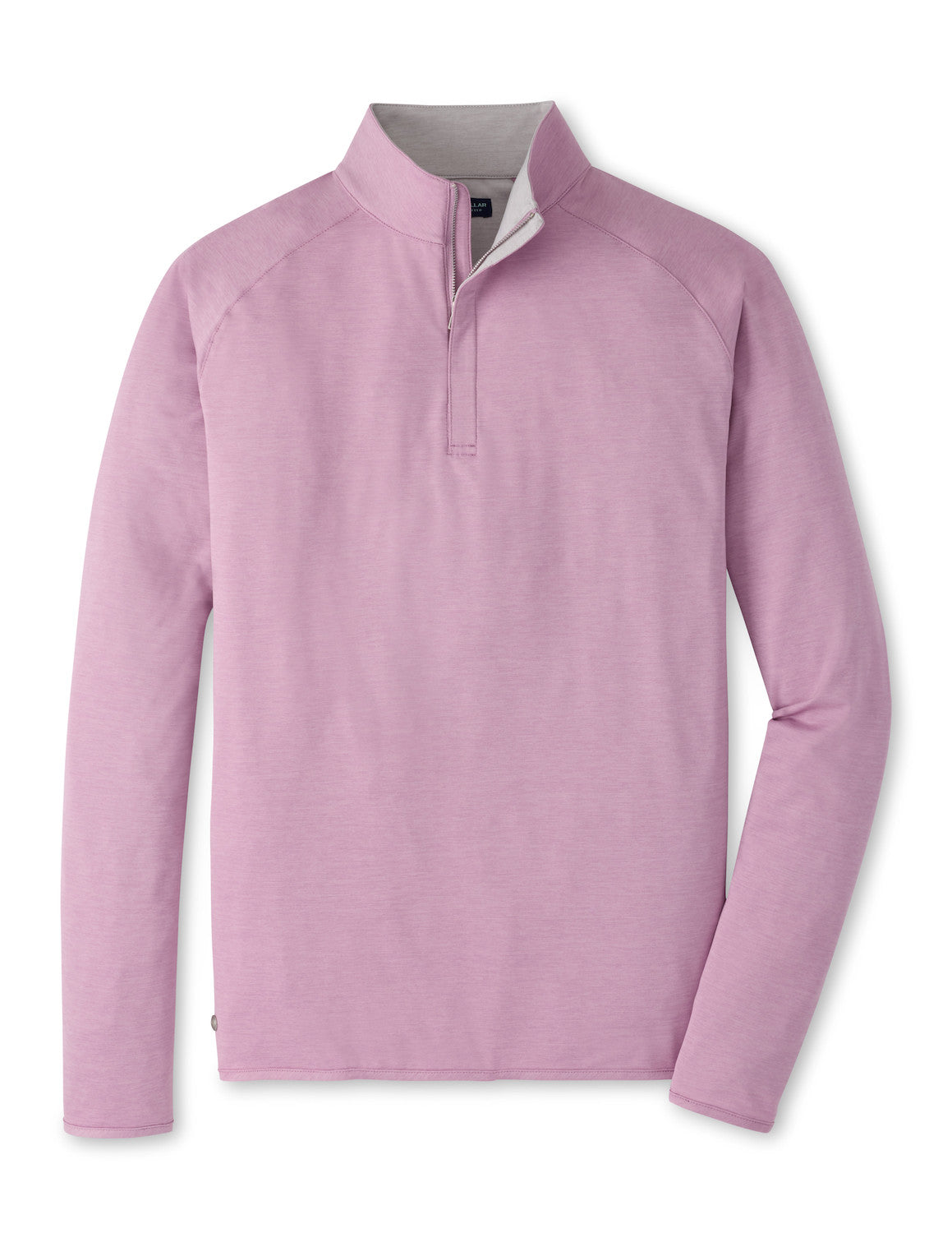 A Peter Millar Stealth Performance Quarter-Zip, a long-sleeve light purple pullover shirt with UPF 50+ sun protection, is laid flat on a white background.