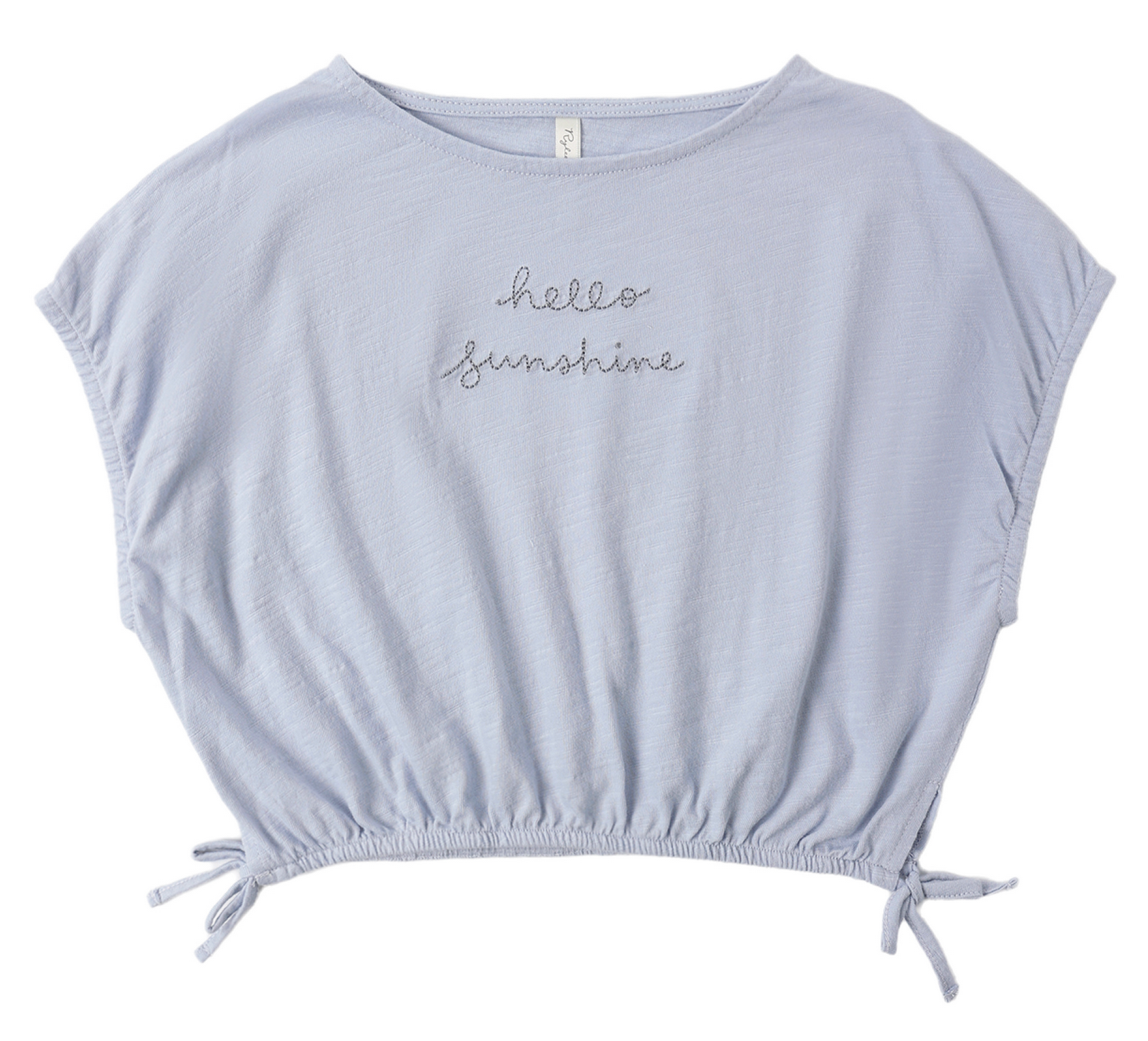 The Rylee & Cru Girls' Cropped Cinch Tee is a light blue top with "hello sunshine" embroidered on the front and adjustable side drawstrings at the hem for a relaxed fit.