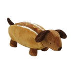 Introducing the Hot Dog - Tan plush from Mon Ami! This charming stuffed animal is shaped like a dachshund and features irresistibly soft tan fur, complete with whimsical mustard and ketchup accents on its back—making it the perfect gift for fans of adorable pets or quirky plushies.