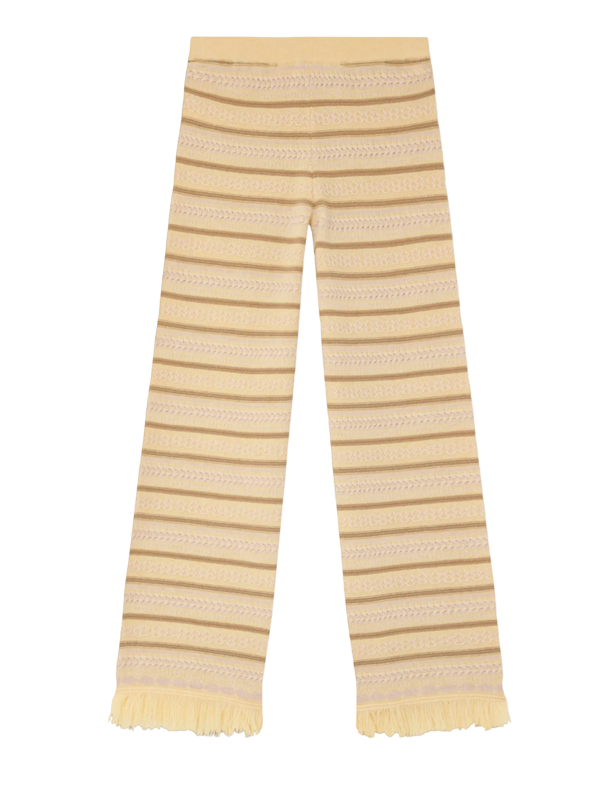 The Western Stripe Pant by Guest in Residence features beige and light brown stripes, flared legs, and Western fringe detail in a wool-cashmere knit, shown flat on white.
