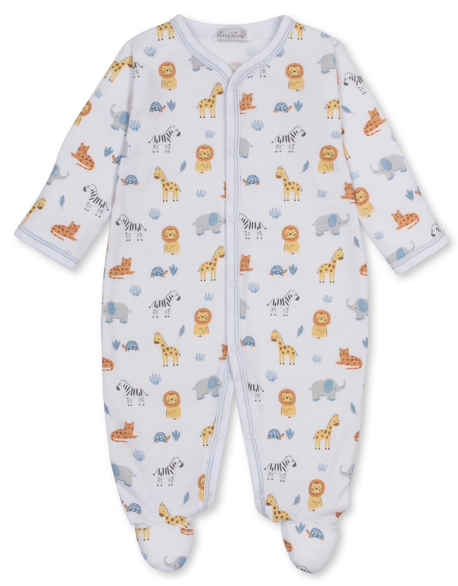 The Kissy Kissy Baby Jungle Hang Out Printed Footie is a white baby sleeper adorned with playful animal prints, including lions, giraffes, elephants, zebras, and cheetahs. Crafted from soft Peruvian cotton in a classic footed style with long sleeves and easy front snaps for closure.