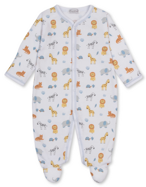 The Kissy Kissy Baby Jungle Hang Out Printed Footie is a white baby sleeper adorned with playful animal prints, including lions, giraffes, elephants, zebras, and cheetahs. Crafted from soft Peruvian cotton in a classic footed style with long sleeves and easy front snaps for closure.