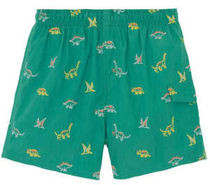 The Boys’ Printed Swim Short by Tartine et Chocolat features a vibrant dinosaur print on green fabric, an elastic waistband for added comfort, and a handy side pocket, shown laid flat against a white background.