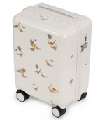 Konges Slojd Kids’ Travel Suitcase in off-white featuring a repeating dinosaur and palm tree pattern with a TSA lock on the side.