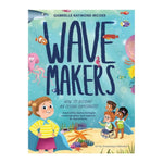 Children don superhero capes on a beach with vibrant sea life and coral, inspired by Dr. Sylvia Earle, under the title "Wave Makers"—a product by More Lemonade LLC.