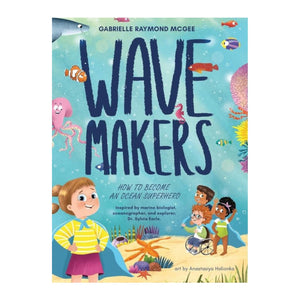 Children don superhero capes on a beach with vibrant sea life and coral, inspired by Dr. Sylvia Earle, under the title "Wave Makers"—a product by More Lemonade LLC.