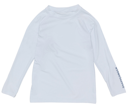 The Snapper Rock Boys' LS Rash Top features "SNAPPER ROCK" on the left sleeve and is shown flat on a white background—ideal for stylish sun protection by the pool or with your favorite swim shorts.