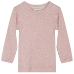 Serendipity Baby Solid Rib Tee in light pink, made from organic cotton with long sleeves and two small shoulder snaps on the left side for easy changes. GOTS certified to ensure comfort and safety for your baby, shown against a plain white background.
