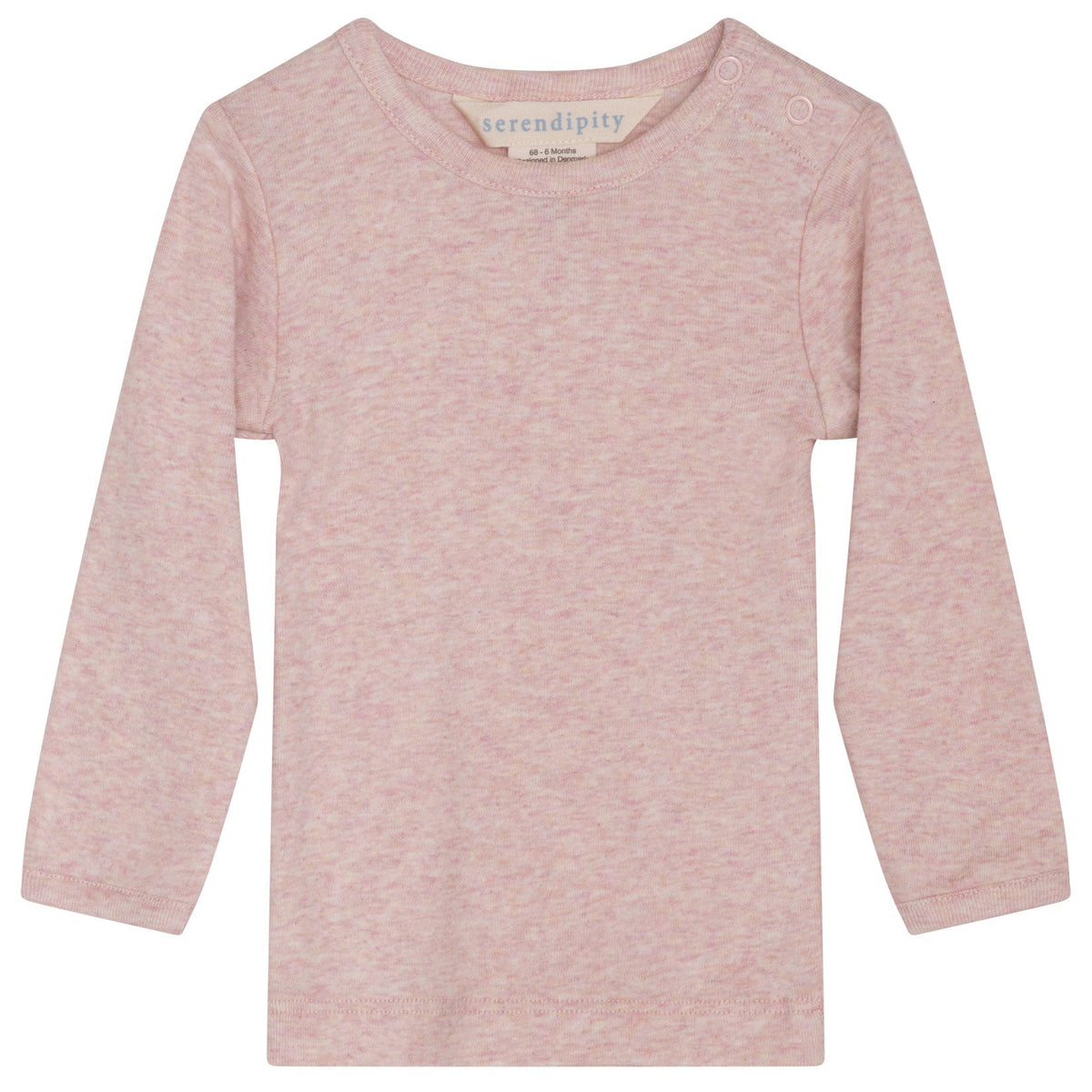 Serendipity Baby Solid Rib Tee in light pink, made from organic cotton with long sleeves and two small shoulder snaps on the left side for easy changes. GOTS certified to ensure comfort and safety for your baby, shown against a plain white background.