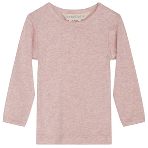 Serendipity Baby Solid Rib Tee in light pink, made from organic cotton with long sleeves and two small shoulder snaps on the left side for easy changes. GOTS certified to ensure comfort and safety for your baby, shown against a plain white background.