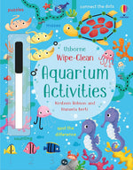 Bright children's wipe-clean activity book "Wipe-Clean Aquarium Activities" from Harper Collins, featuring sea animals, a marker, and fun aquarium-themed activities to build pen-control skills.