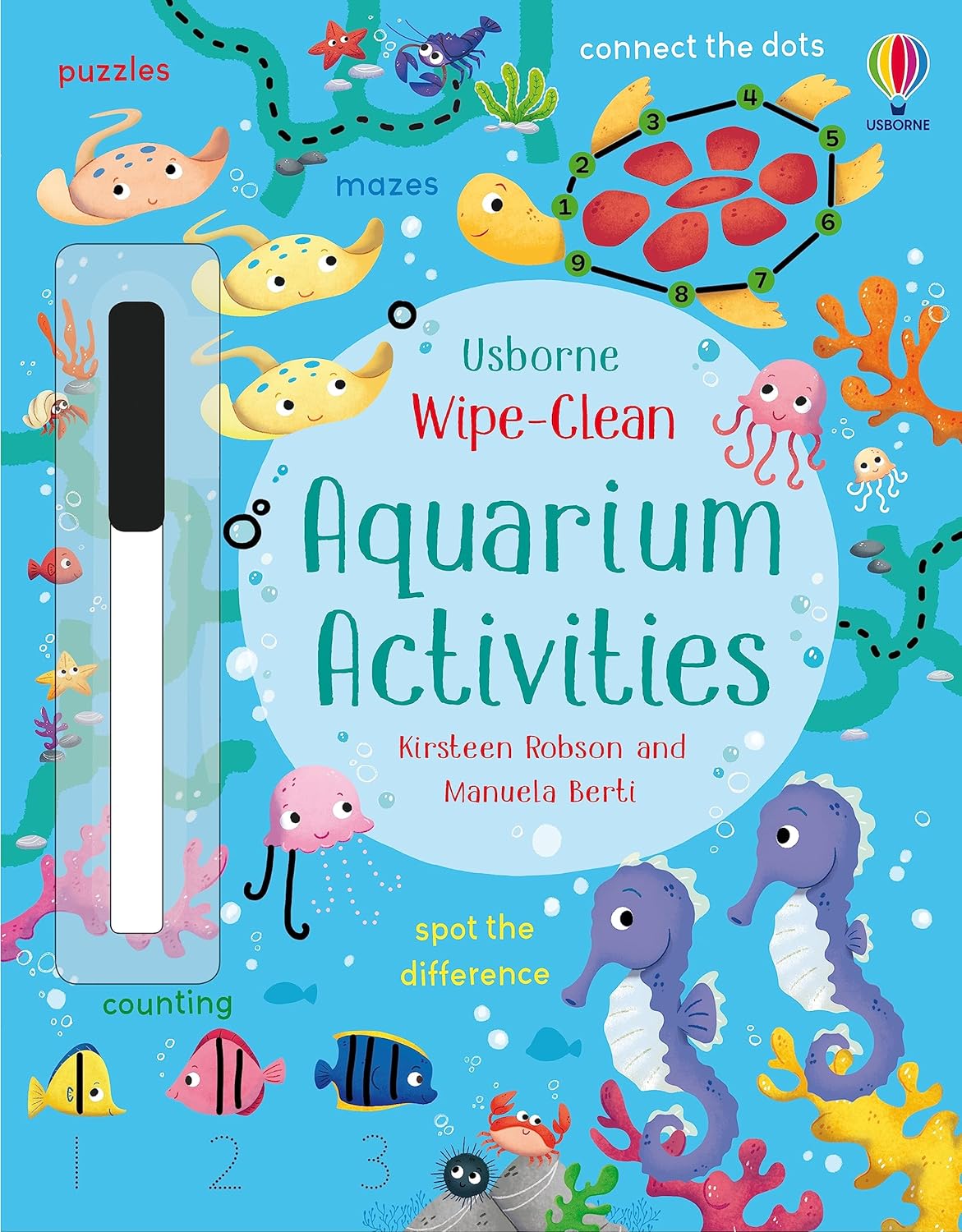 Bright children's wipe-clean activity book "Wipe-Clean Aquarium Activities" from Harper Collins, featuring sea animals, a marker, and fun aquarium-themed activities to build pen-control skills.