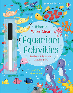 Bright children's wipe-clean activity book "Wipe-Clean Aquarium Activities" from Harper Collins, featuring sea animals, a marker, and fun aquarium-themed activities to build pen-control skills.