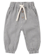 Quincy Mae Baby Boys’ and Boys’ Giovani Pant in gray and white gingham woven gauze featuring an elastic waistband, adjustable drawstring, two wooden buttons, side pockets, and elastic cuffs.