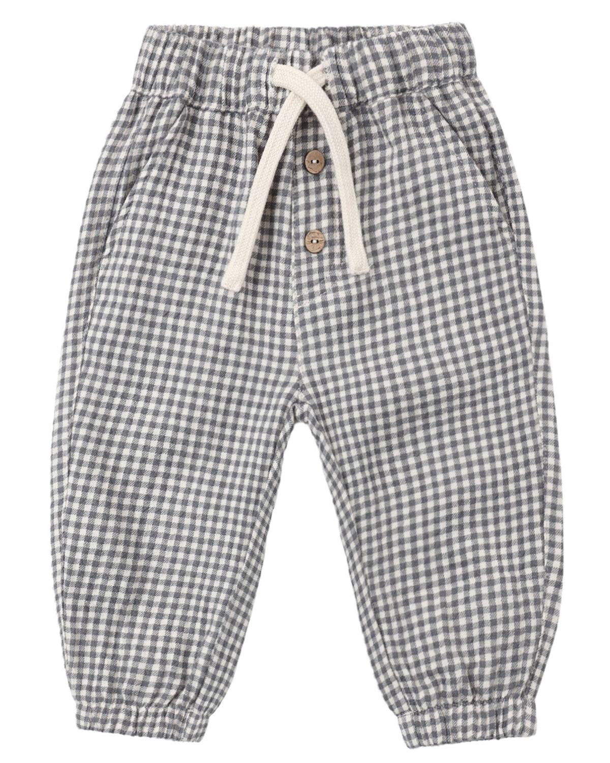 Quincy Mae Baby Boys’ and Boys’ Giovani Pant in gray and white gingham woven gauze featuring an elastic waistband, adjustable drawstring, two wooden buttons, side pockets, and elastic cuffs.