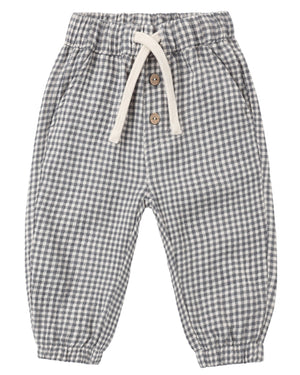 Quincy Mae Baby Boys’ and Boys’ Giovani Pant in gray and white gingham woven gauze featuring an elastic waistband, adjustable drawstring, two wooden buttons, side pockets, and elastic cuffs.