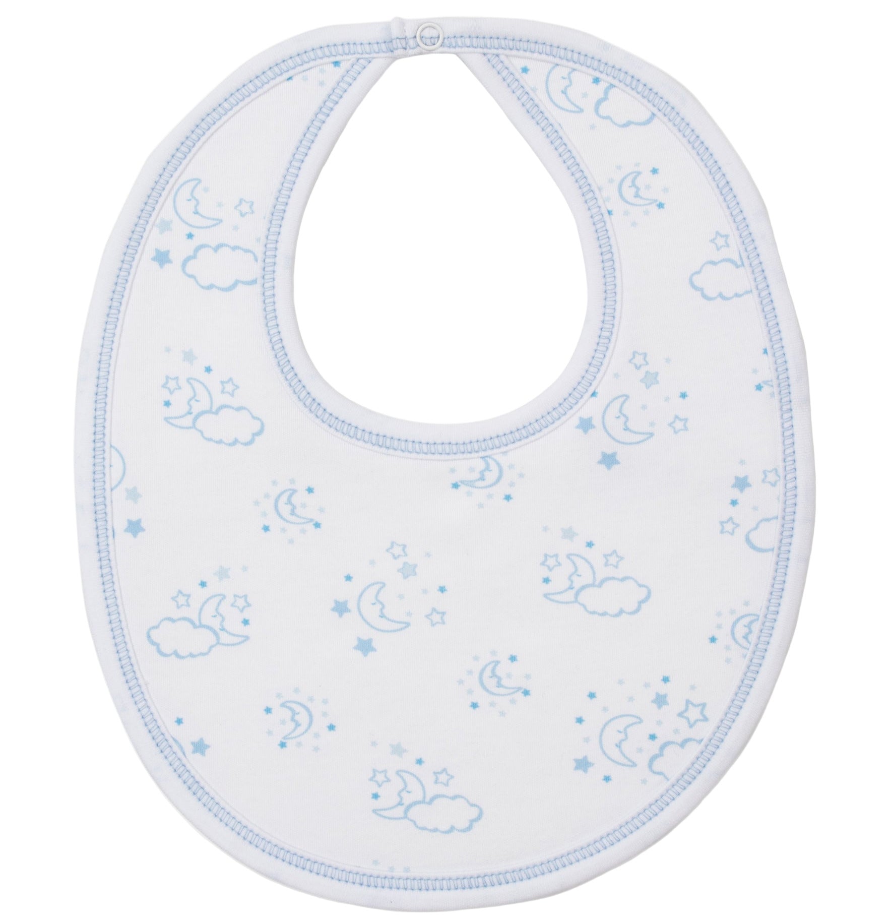 The Kissy Kissy Cheerful Good Night Printed Bib is a white Pima cotton baby bib with blue trim, featuring a playful print of blue moons, stars, and clouds.