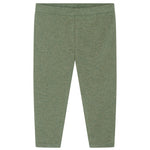 A pair of full-length, plain green Baby Solid Rib Leggings from Serendipity, made from organic cotton and displayed flat against a white background.