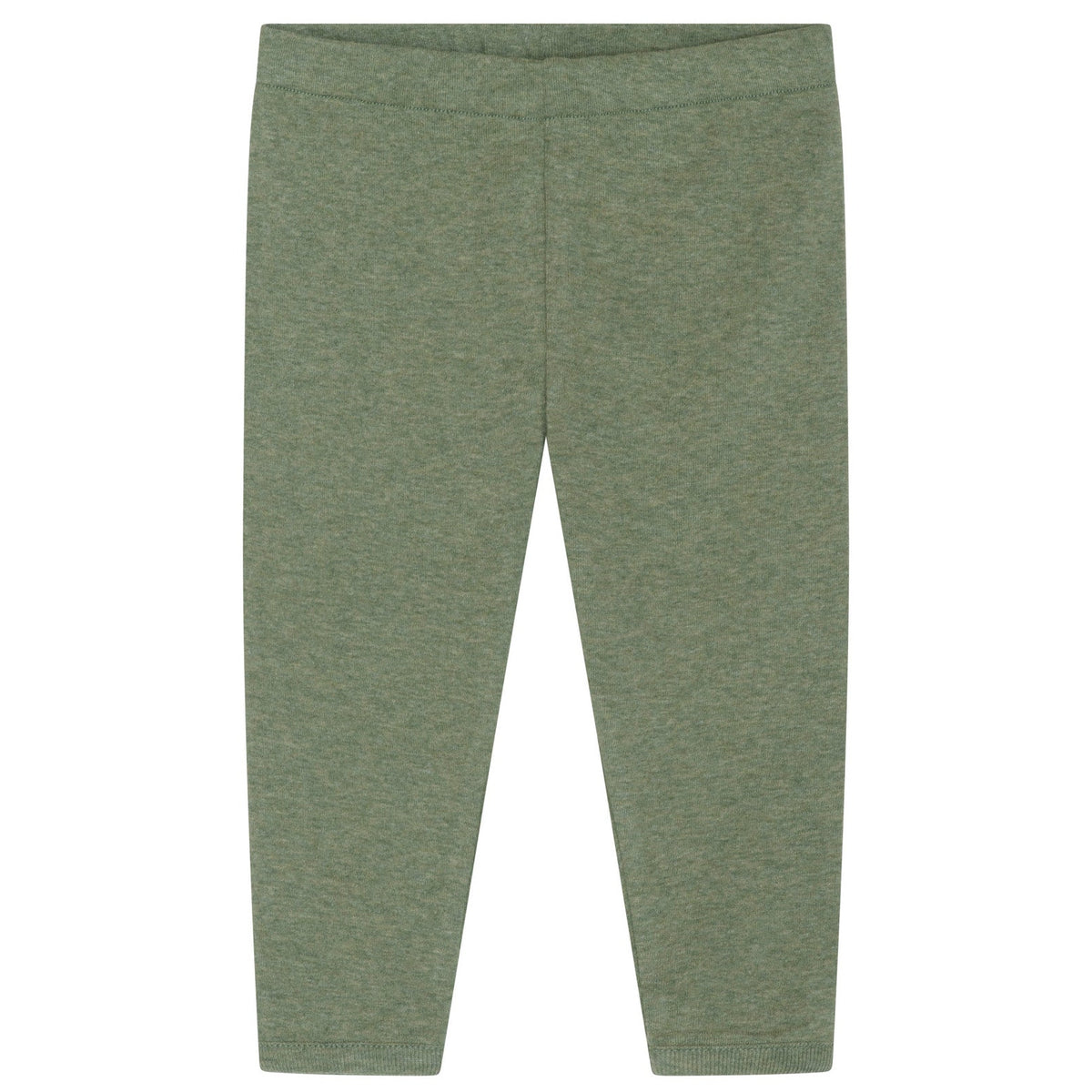 A pair of full-length, plain green Baby Solid Rib Leggings from Serendipity, made from organic cotton and displayed flat against a white background.