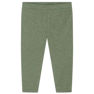A pair of full-length, plain green Baby Solid Rib Leggings from Serendipity, made from organic cotton and displayed flat against a white background.