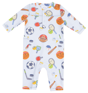 The Angel Dear Baby Boys' Uni Romper features snap buttons and a vibrant sports-themed pattern with balls, rackets, and sticks on a crisp white background.